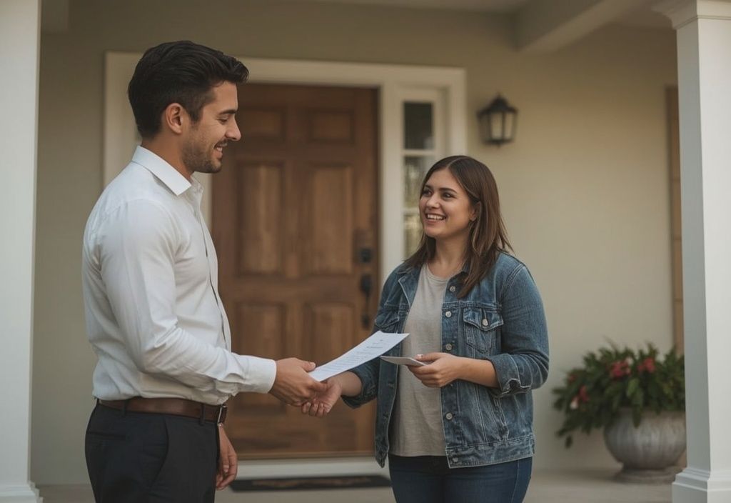 Public adjuster handing settlement paperwork to a happy homeowner